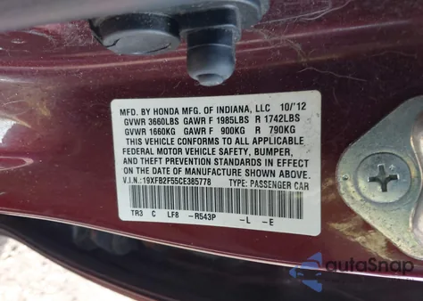 2012 Honda Civic Lx z USA, uszkodzony, nr VIN 19XFB2F55CE385778